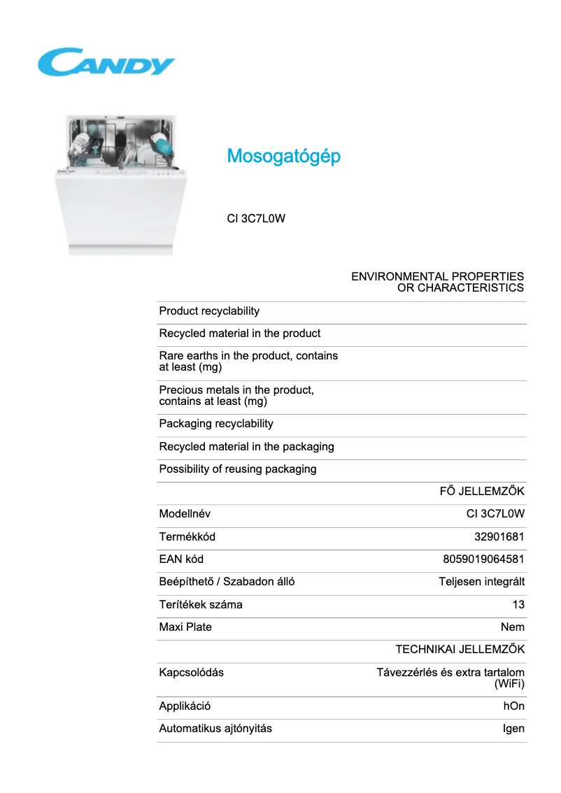 Page 1 de la notice Fiche technique Candy CI 3C7L0W