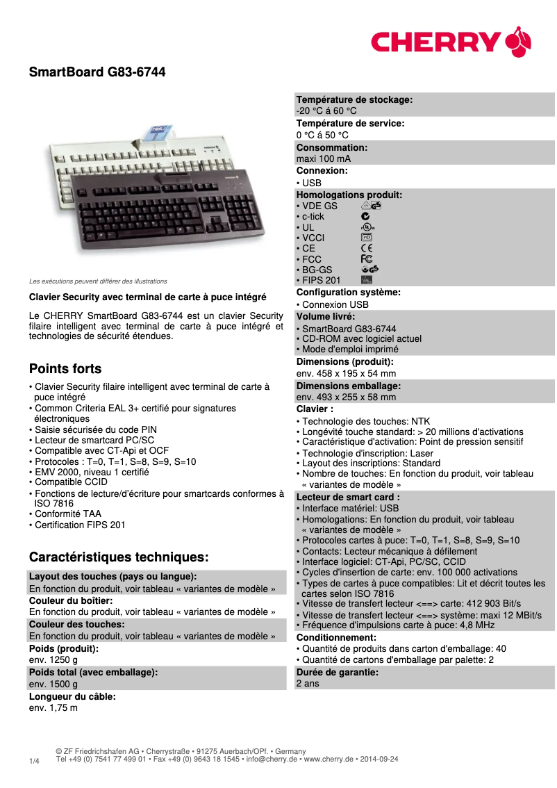 Page 1 de la notice Fiche technique Cherry SmartBoard G83-6744