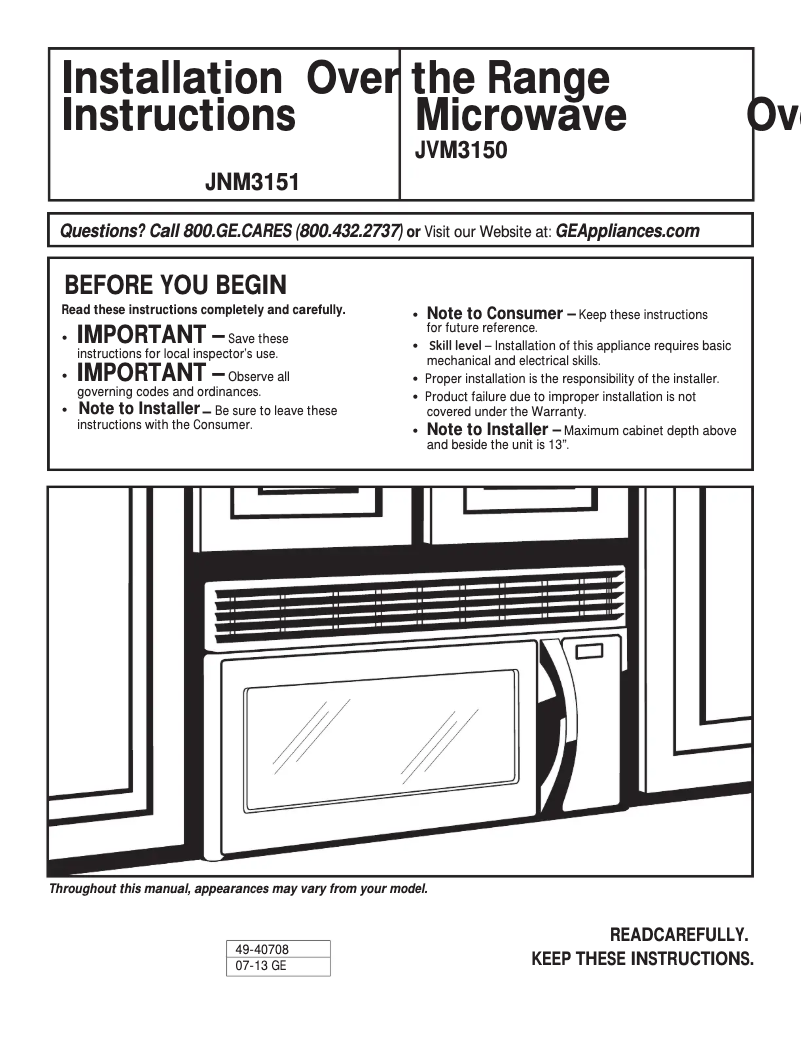 Page 1 de la notice Guide d'installation GE JNM3151RFSS