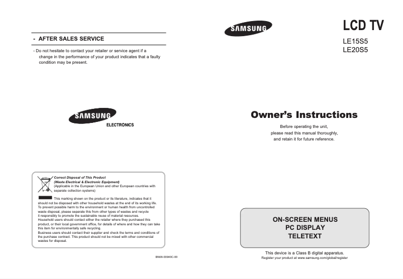 Page n°1 - Manuel utilisateur Samsung LE20S51BP