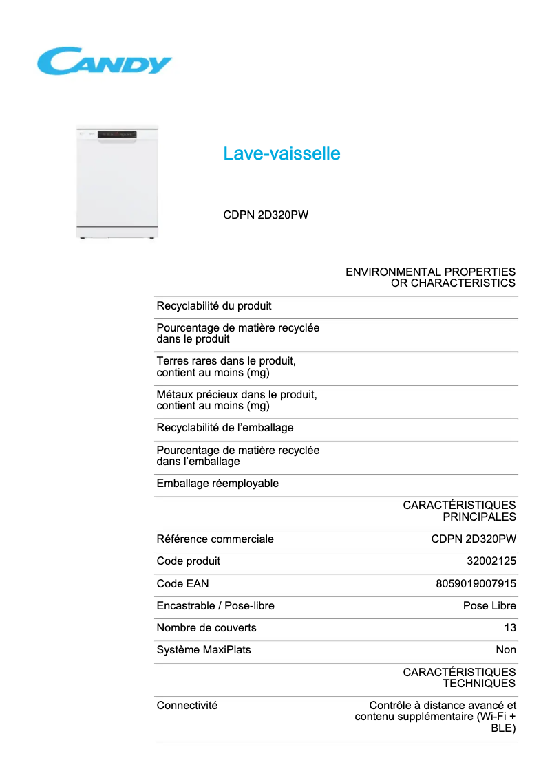 Page 1 de la notice Fiche technique Candy CDPN 2D320PW