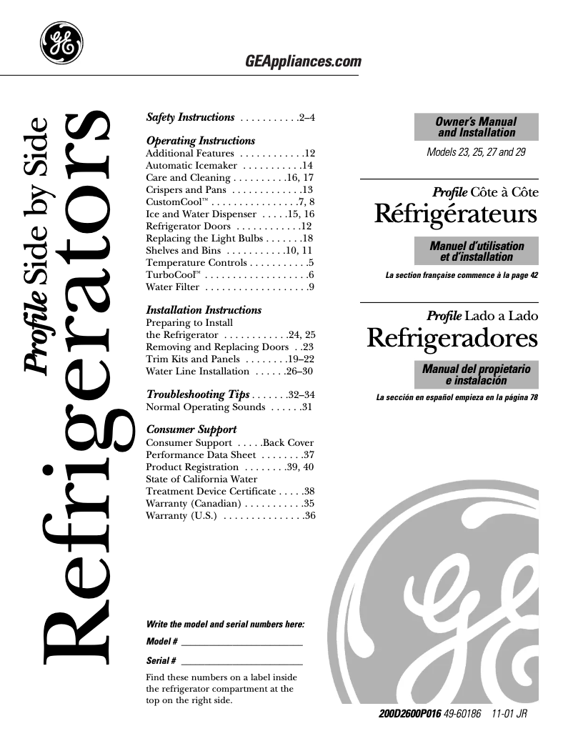 Page n°1 - Manuel d'utilisation et d'entretien GE PSS27NHNBB