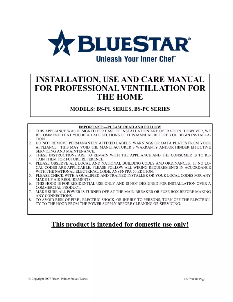 Page n°1 - Guide d'installation BlueStar PL054ML