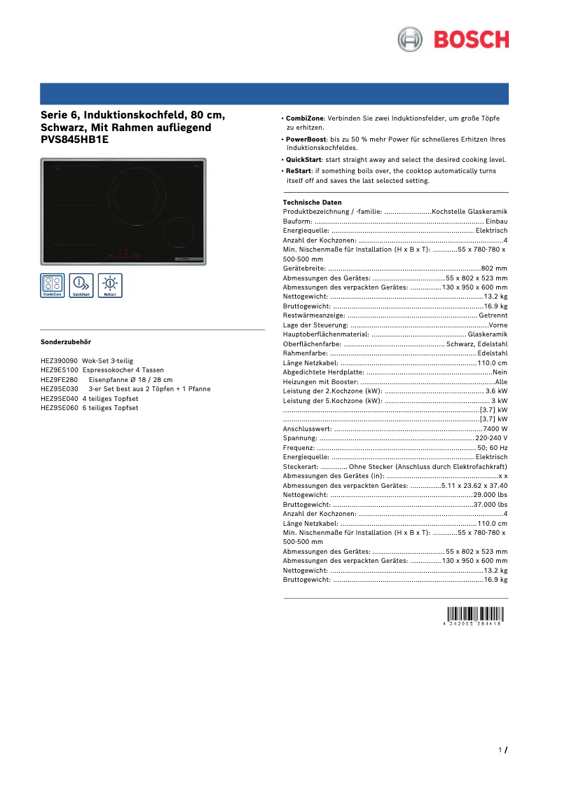 Página 1 del manual Ficha técnica Bosch PVS845HB1E