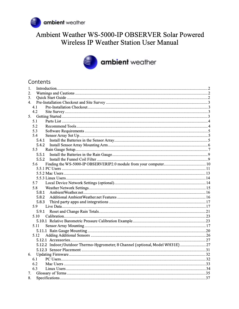 Page n°1 - Manuel utilisateur Ambient Weather WS-5000-IP