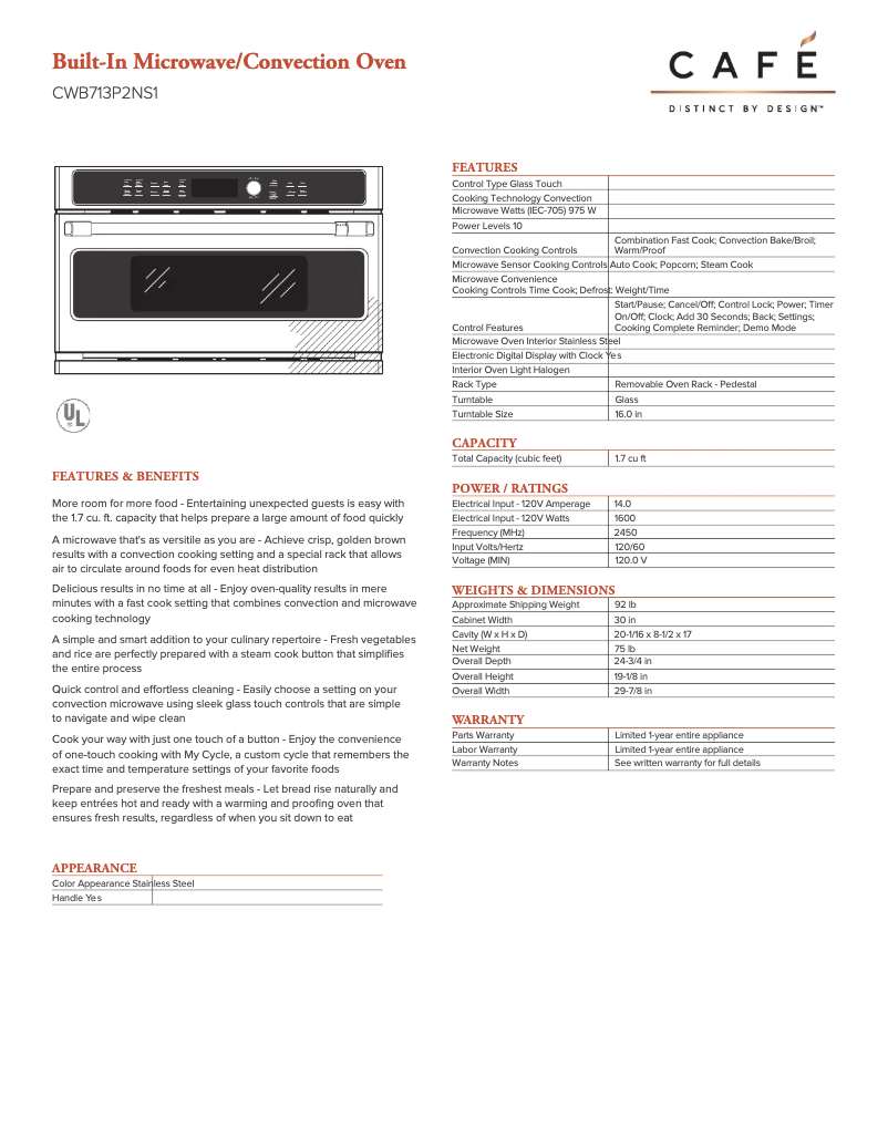 Page 1 de la notice Fiche technique GE CWB713P2NS1