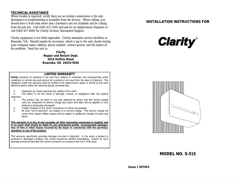 Image de la première page du manuel de l'appareil Clarity S-515