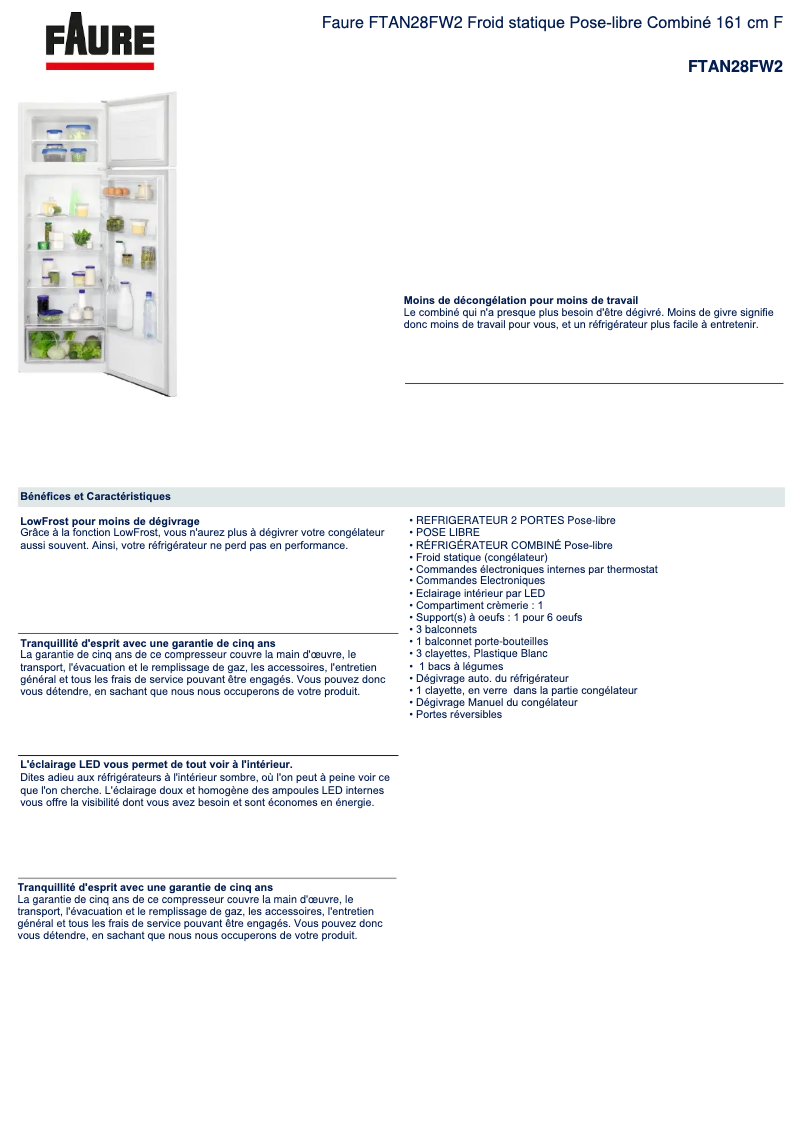 Page 1 de la notice Fiche technique Faure FTAN28FW2