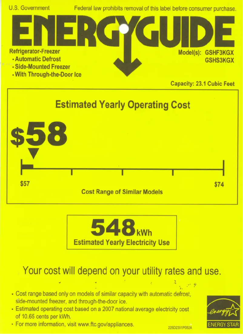 Page 1 de la notice Label énergétique GE GSHS3KGXSS