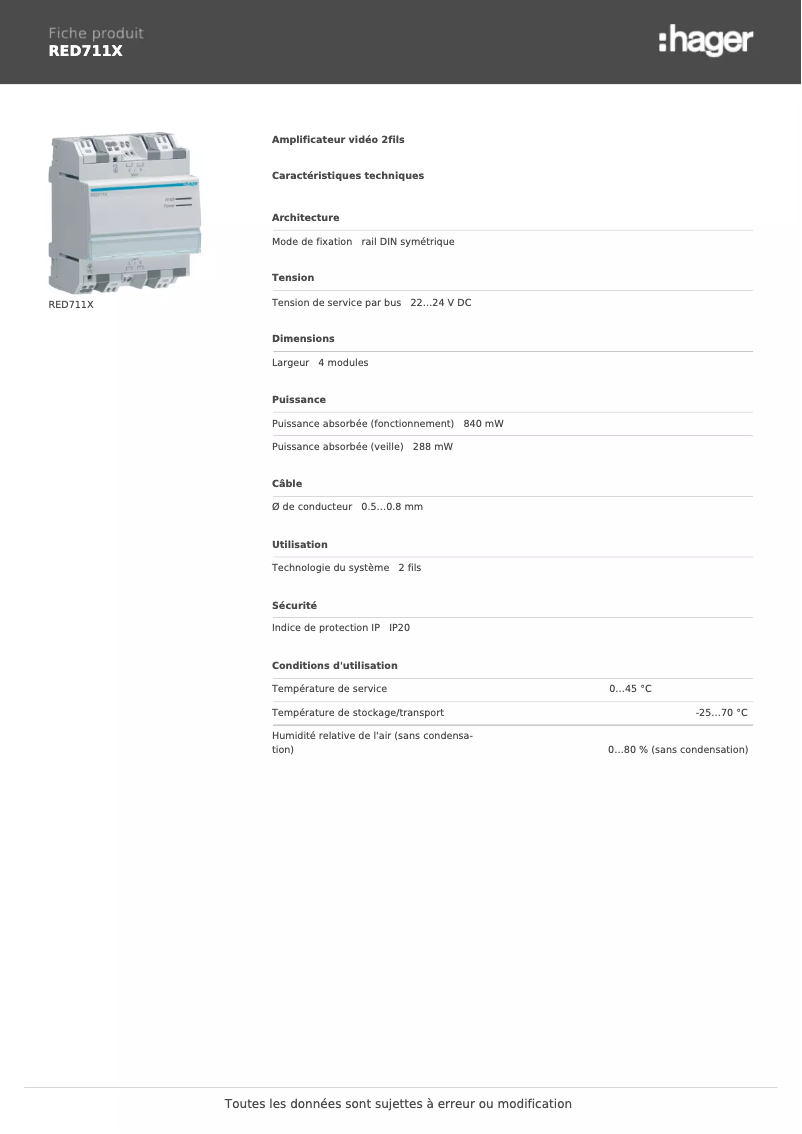 Page 1 de la notice Fiche technique Hager RED711X
