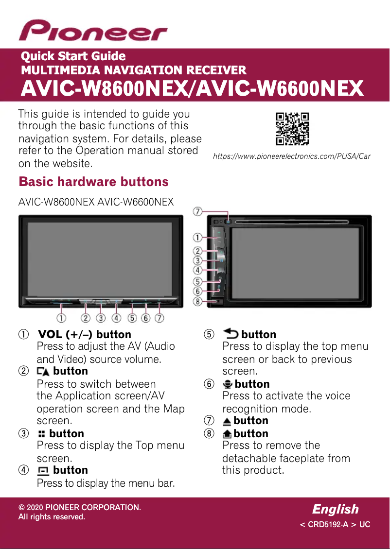 Page n°1 - Guide de démarrage rapide Pioneer AVIC-W8600NEX