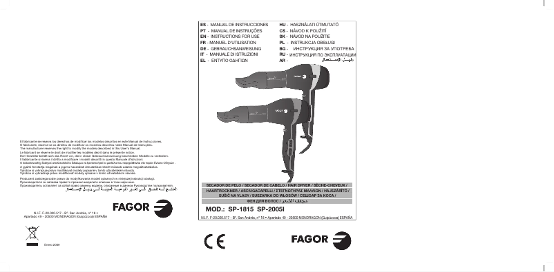Page 1 de la notice Manuel utilisateur Fagor SP-2005 I