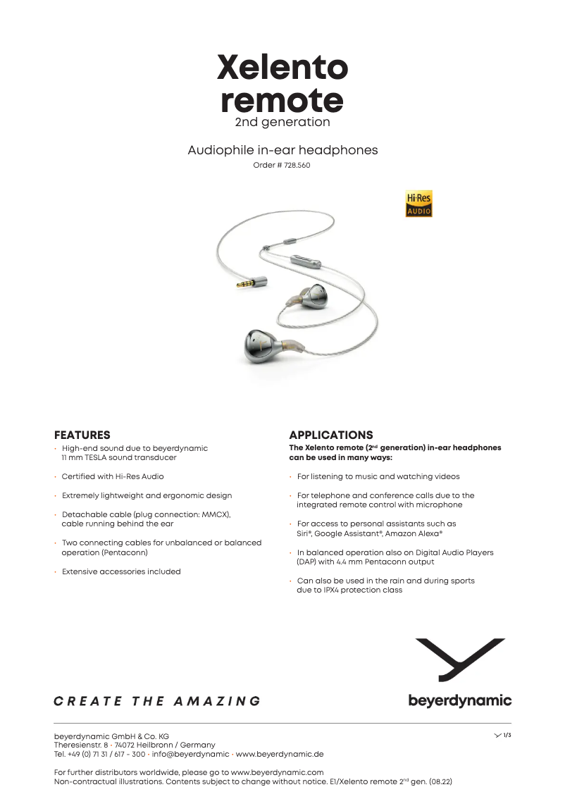 Page n°1 - Fiche technique Beyerdynamic Xelento Remote