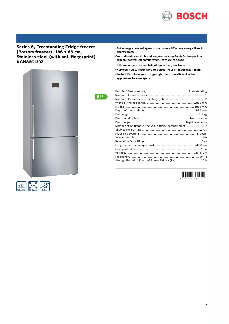 Page n°1 - Fiche technique Bosch KGN86CI30Z