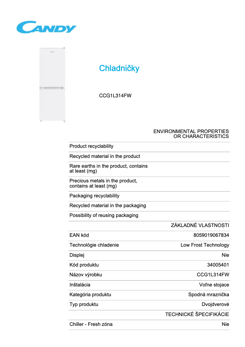 Page 1 de la notice Fiche technique Candy CCG1L314FW