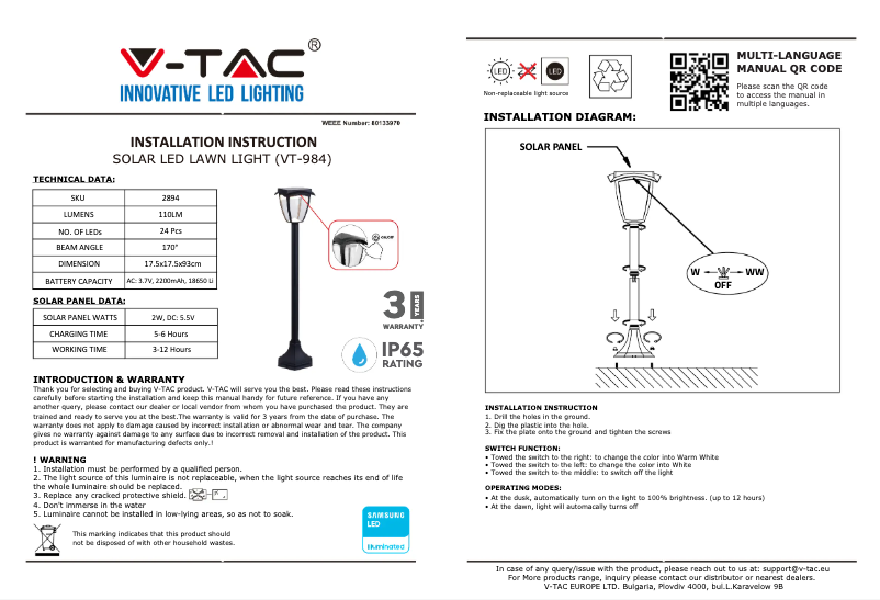 Page 1 de la notice Manuel utilisateur V-TAC VT-984