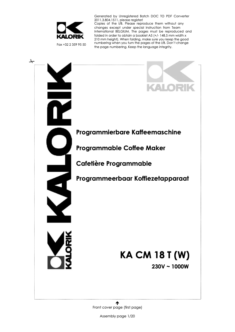 Page 1 de la notice Manuel utilisateur Kalorik KA CM 18 T W