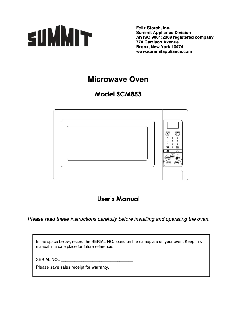Page n°1 - Manuel d'utilisation et d'entretien Summit SCM853