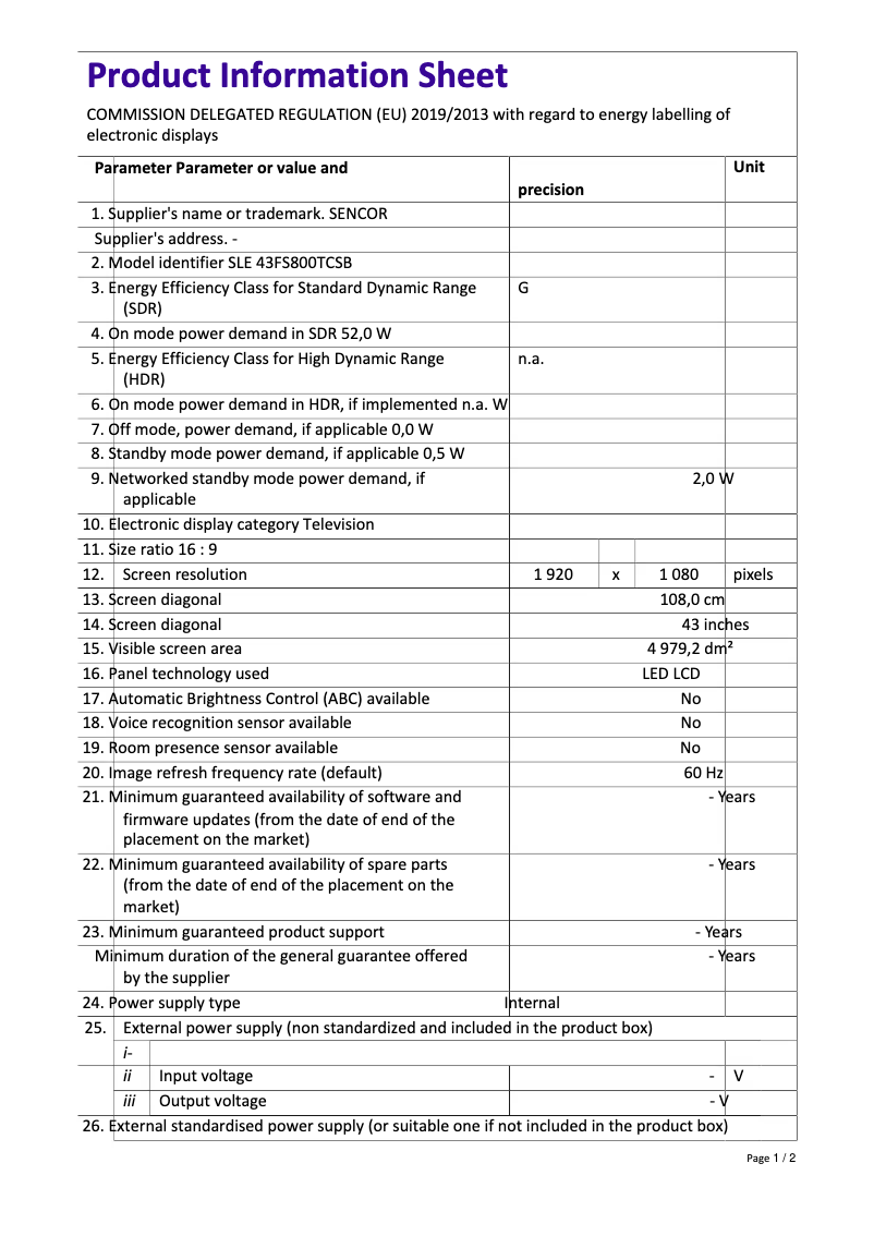 Imagen de la primera página del manual del dispositivo SLE 43FS800TCSB