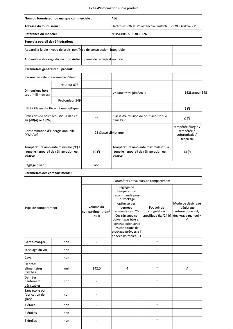 Page n°1 - Fiche technique AEG NSK5O881ES
