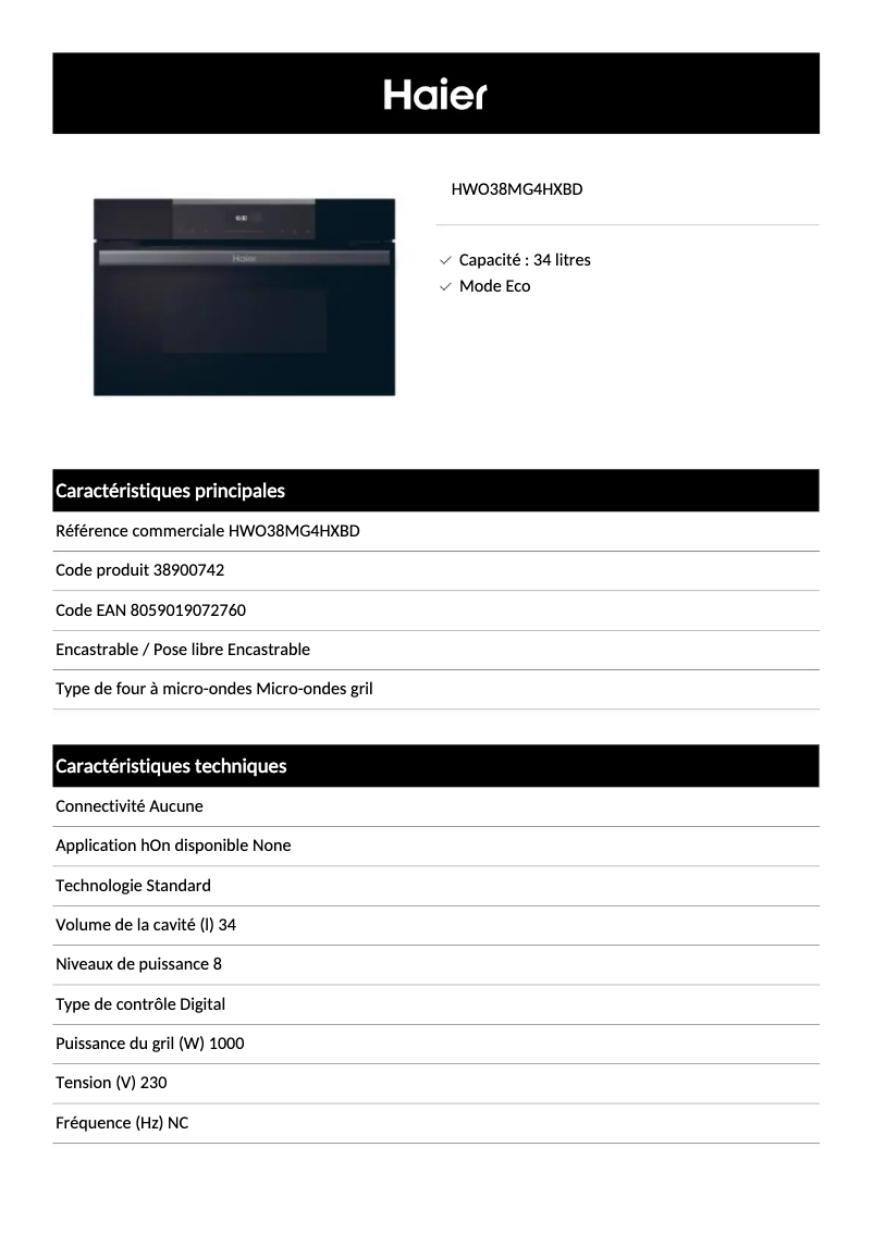 Page 1 de la notice Fiche technique Haier HWO38MG4HXBD