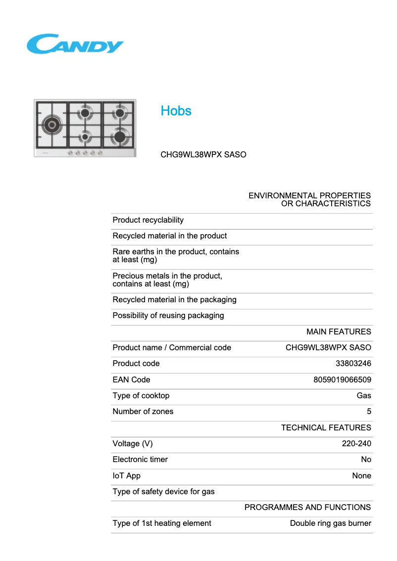 Page 1 de la notice Fiche technique Candy CHG9WL38WPX SASO
