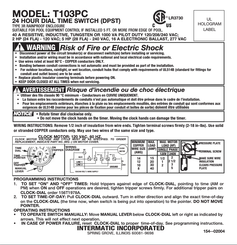 Page n°1 - Manuel utilisateur Intermatic T103PC