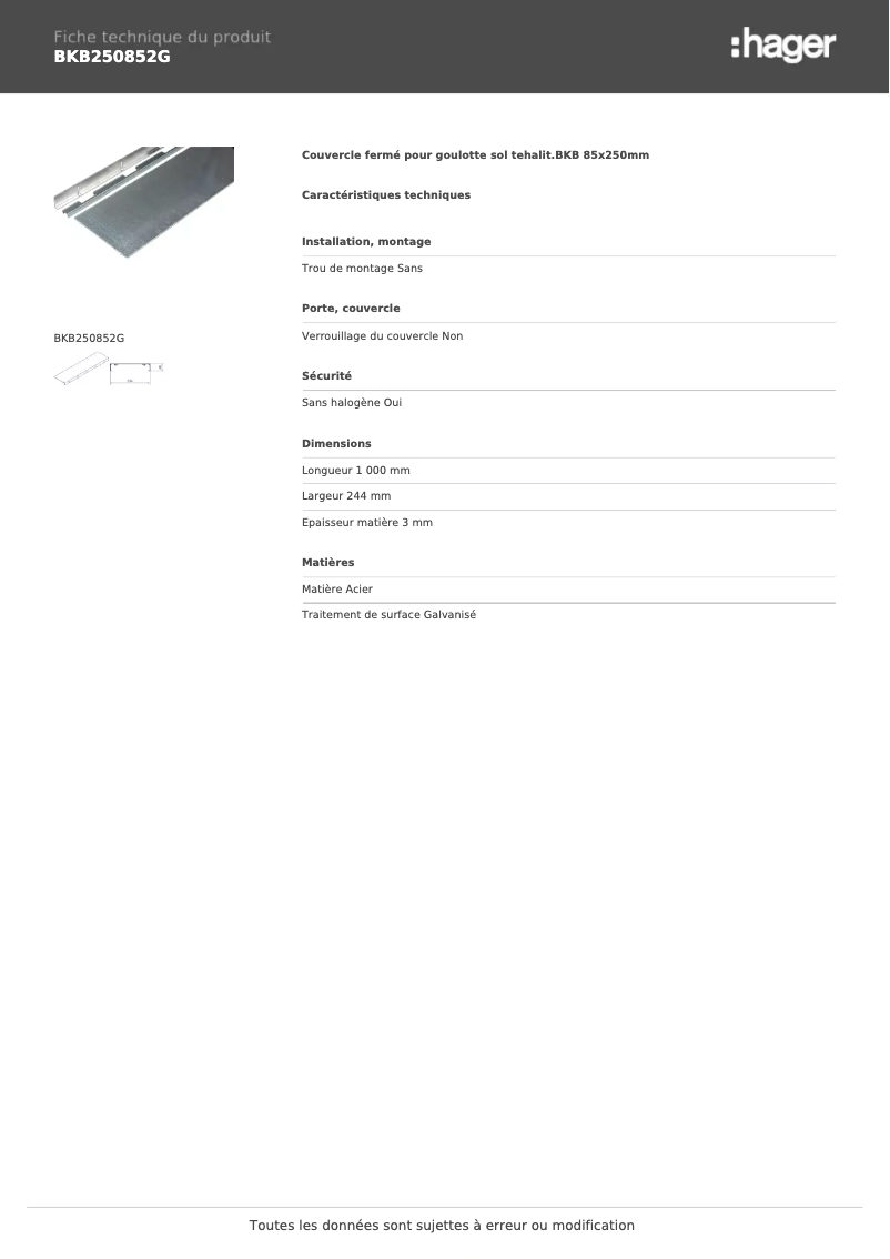 Page n°1 - Fiche technique Hager BKB250852G