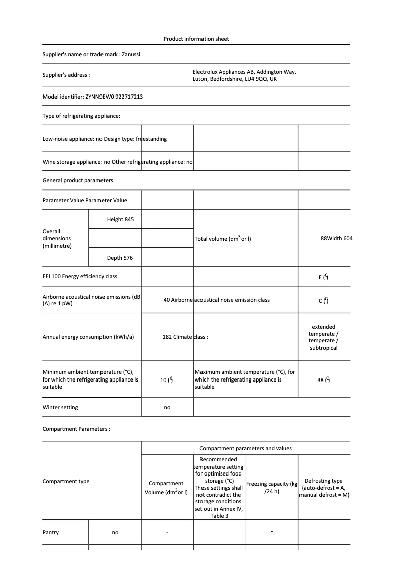 Page 1 de la notice Fiche technique Zanussi ZYNN9EW0