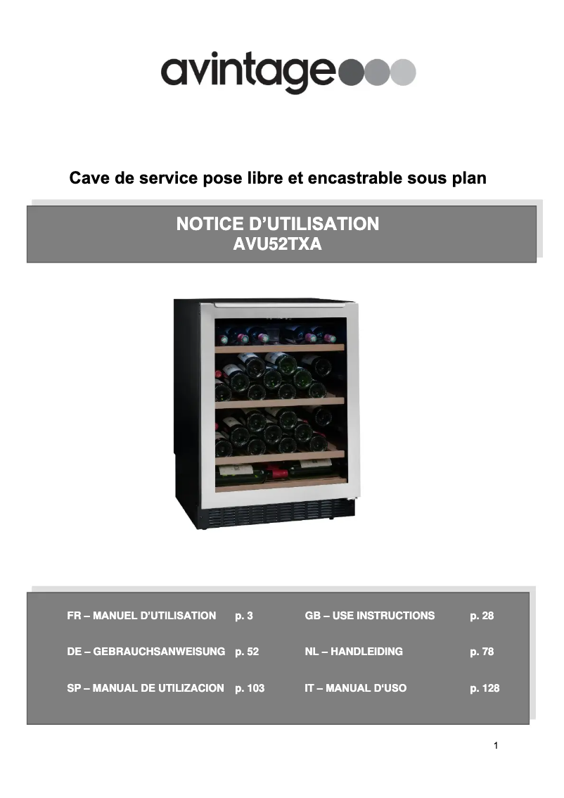 Page 1 de la notice Manuel utilisateur Avintage AVU52TXA