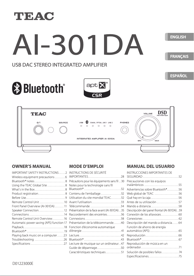 Page n°1 - Manuel utilisateur Teac AI-301DA-S
