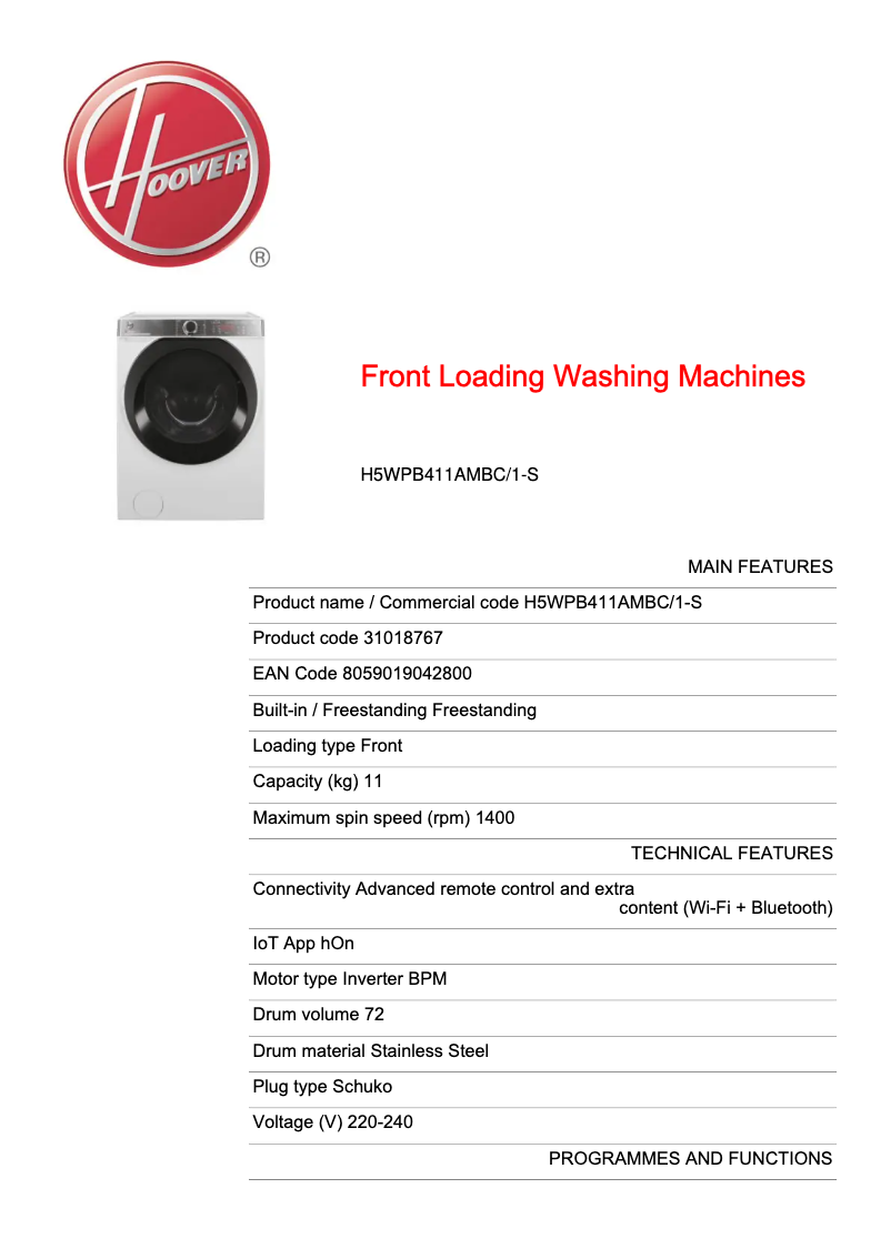 Page n°1 - Fiche technique Hoover H5WPB411AMBC/1-S