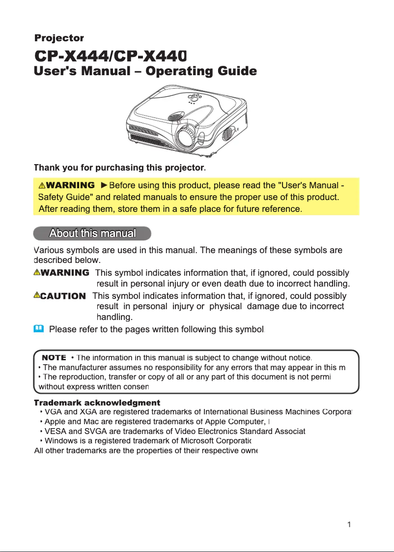 Image de la première page du manuel de l'appareil CP-X444