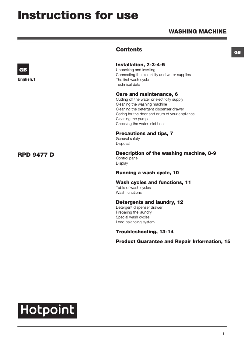 Page 1 de la notice Manuel utilisateur Hotpoint RPD 9477 DKD UK