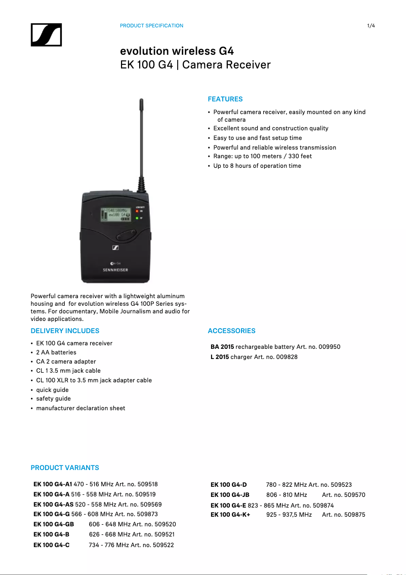 Page n°1 - Fiche technique Sennheiser EK 100 G3