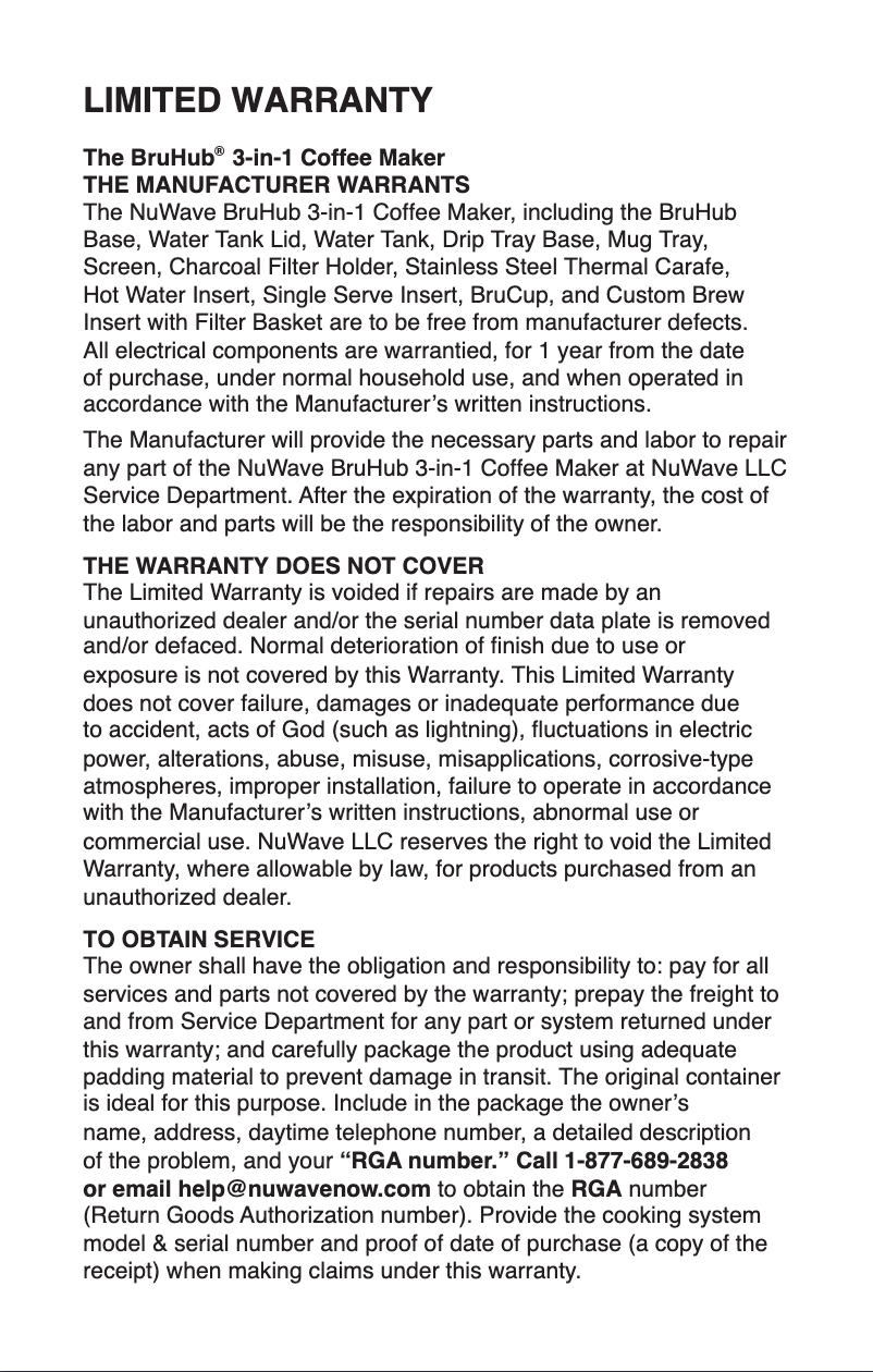 Page 1 de la notice Informations de garantie NuWave BruHub