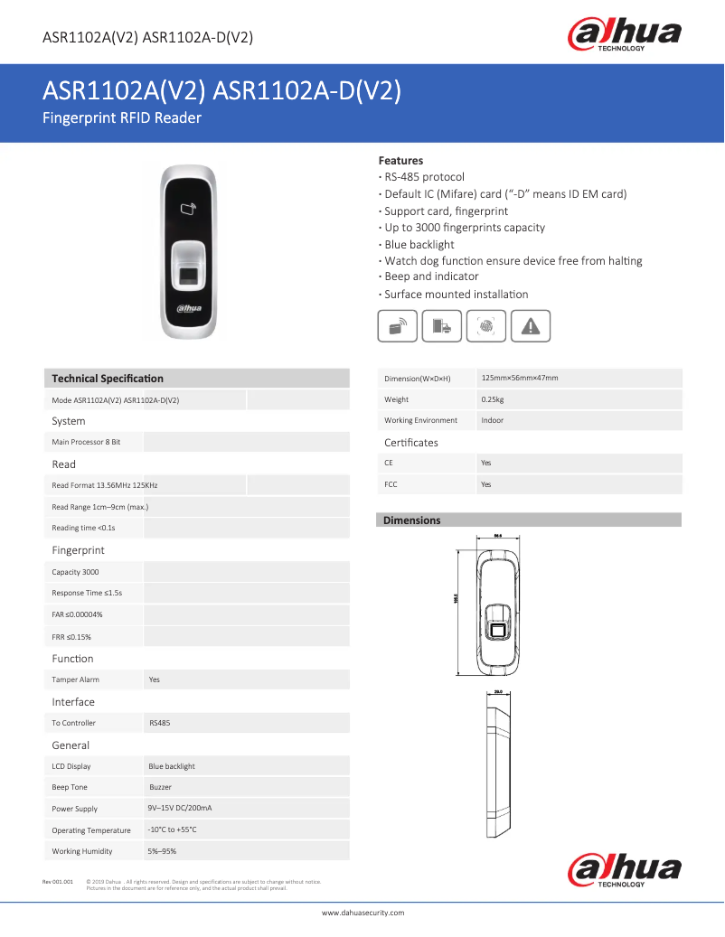 Page 1 de la notice Fiche technique Dahua Technology ASR1102A