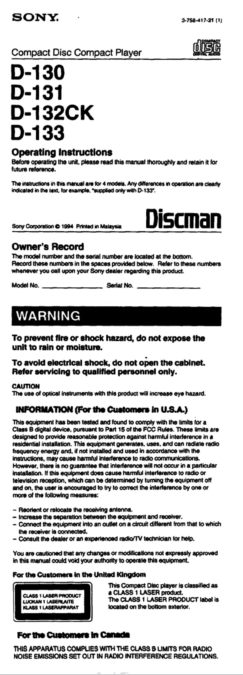 Page 1 de la notice Manuel utilisateur Sony Discman D-133