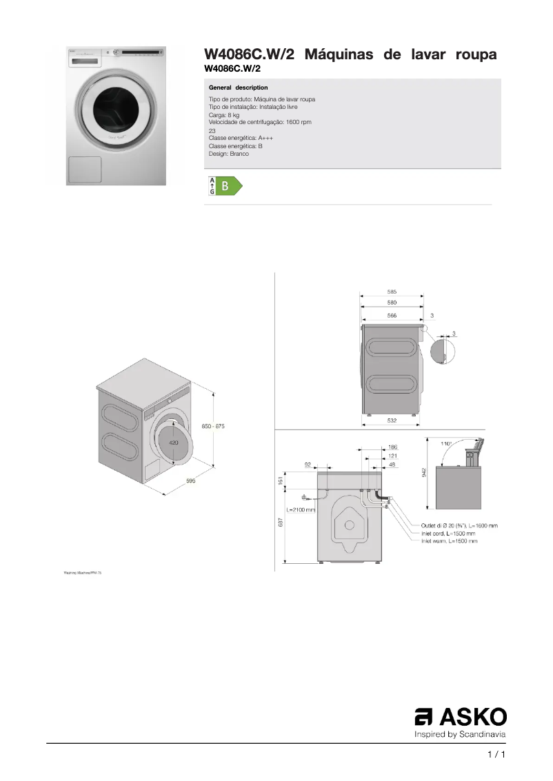 Page n°1 - Fiche technique Asko W4086C.W/2