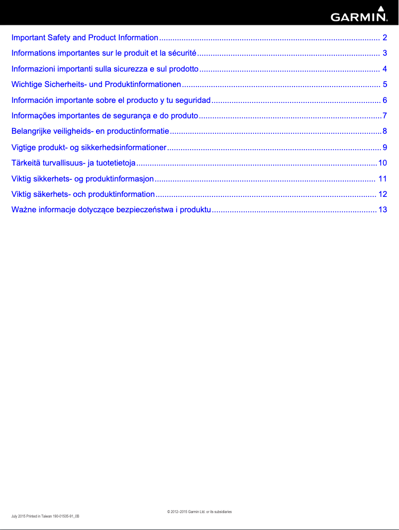 Page n°1 - Instructions de sécurité Garmin Fleet 590