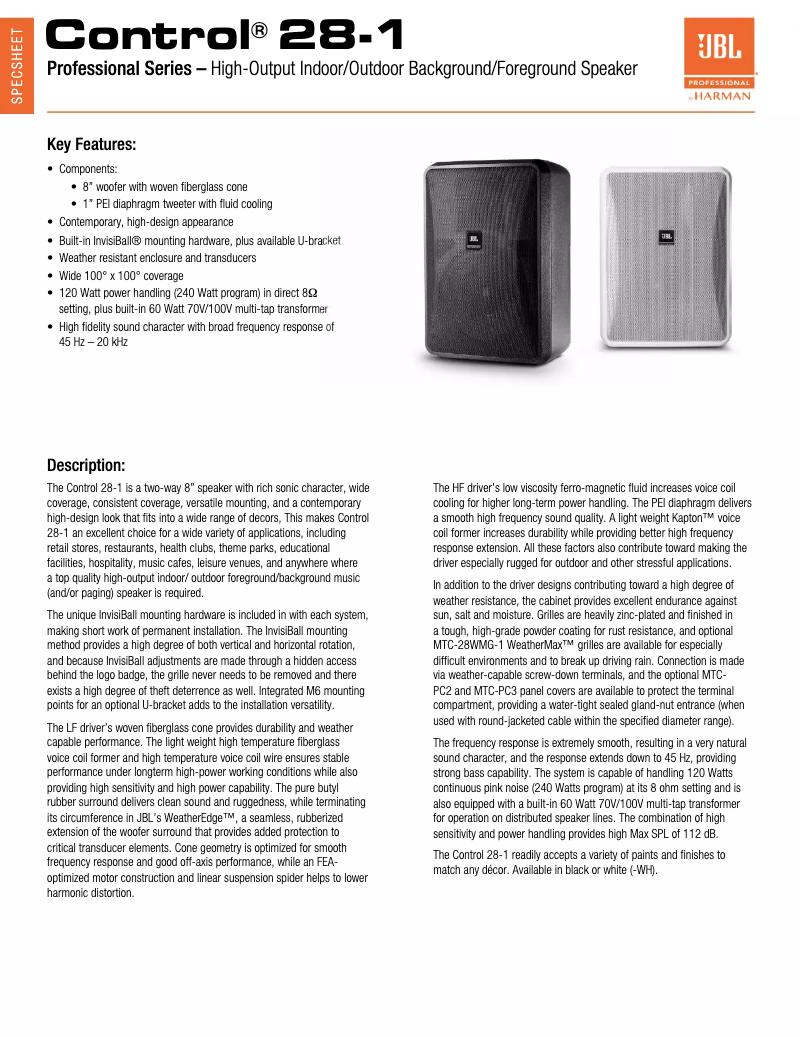 Page 1 de la notice Fiche technique JBL Control 28-1