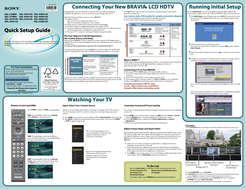 Page 1 de la notice Guide d'installation Sony Bravia KDL-40V4150