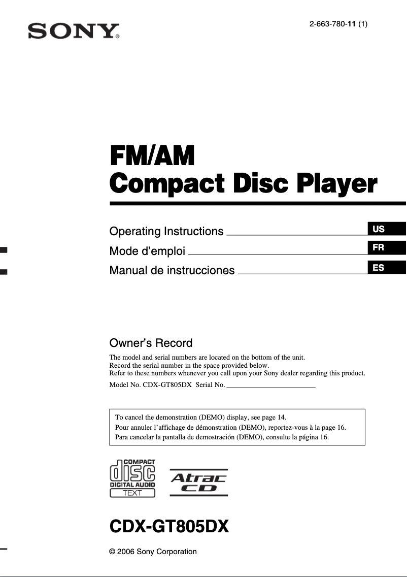 Image de la première page du manuel de l'appareil CDX-GT805DX