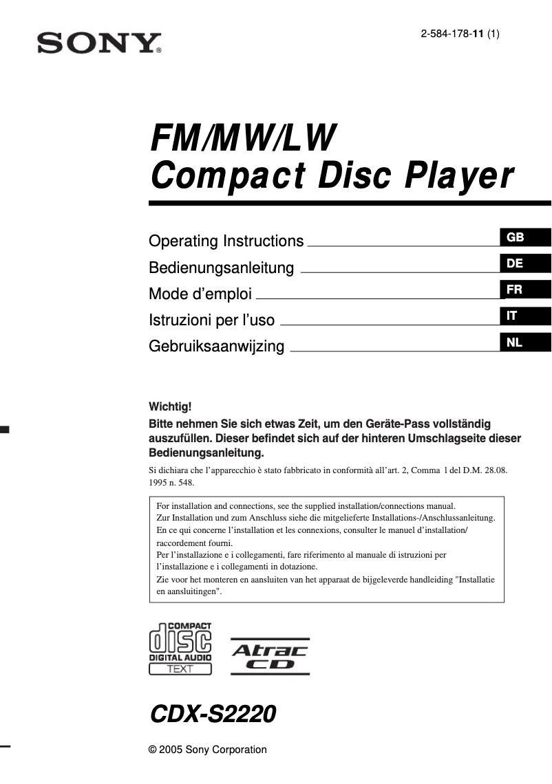 Page n°1 - Mode d'emploi Sony CDX-S2220