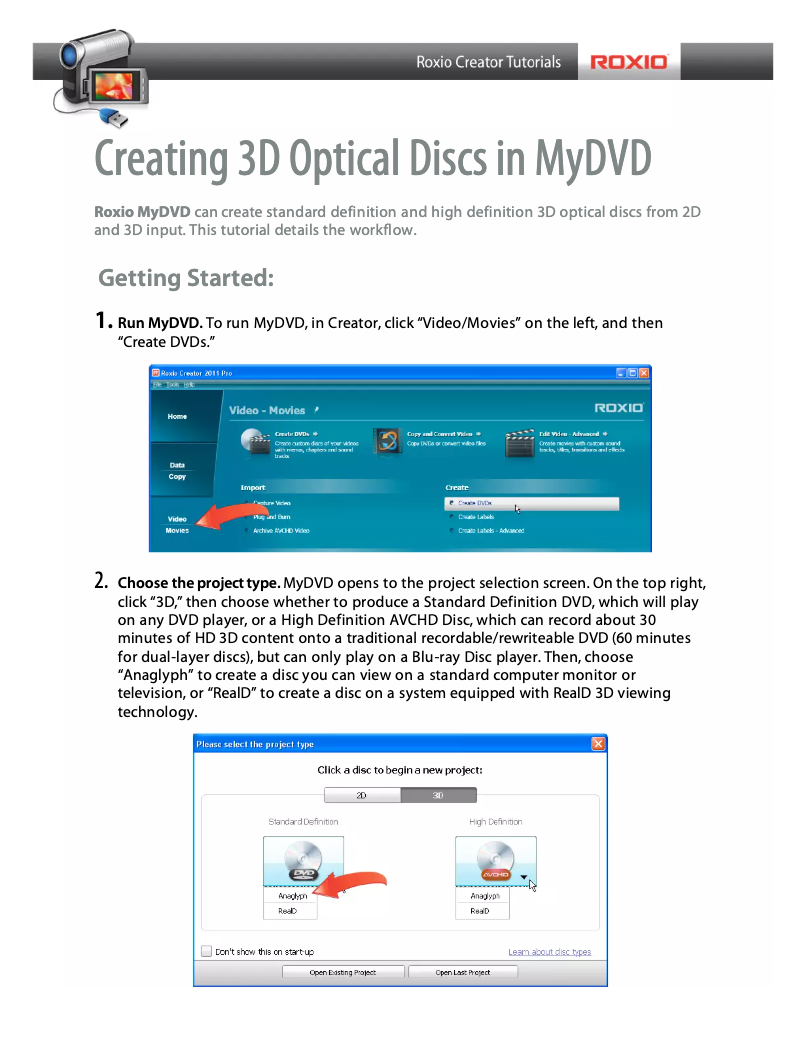 Page 1 de la notice Manuel utilisateur Roxio Creating 3D Optical Discs in MyDVD
