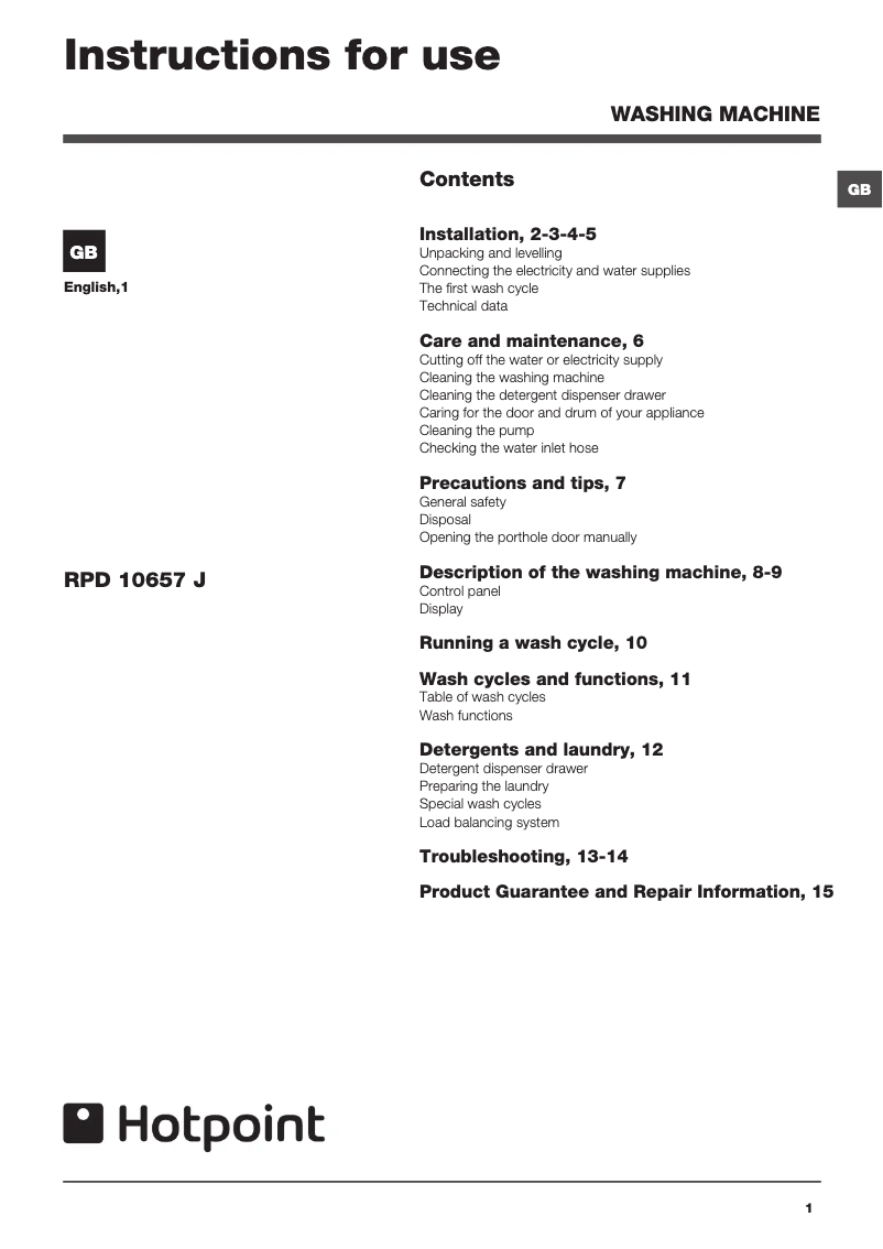 Page n°1 - Manuel utilisateur Hotpoint RPD 10657 JX UK