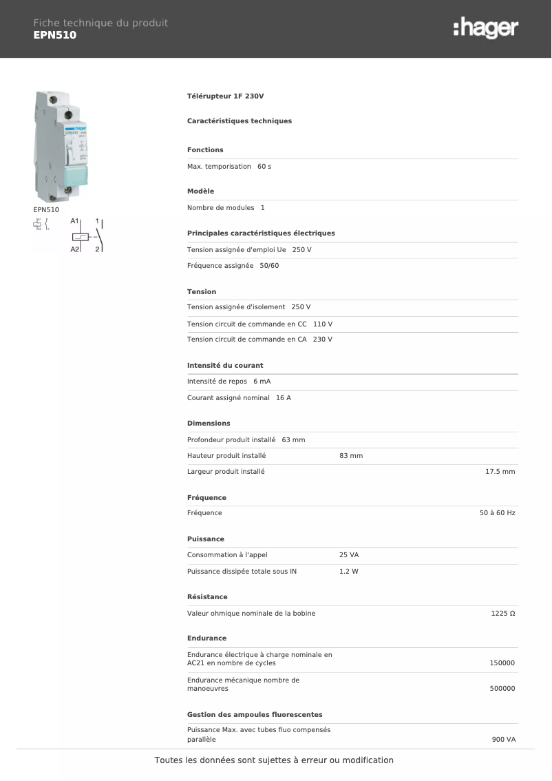 Page n°1 - Fiche technique Hager EPN510