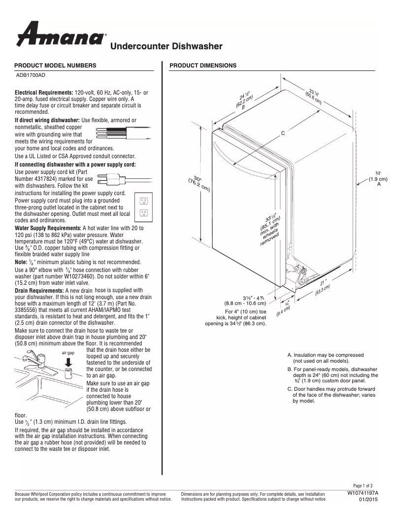 Page 1 de la notice Fiche technique Amana ADB1700AD