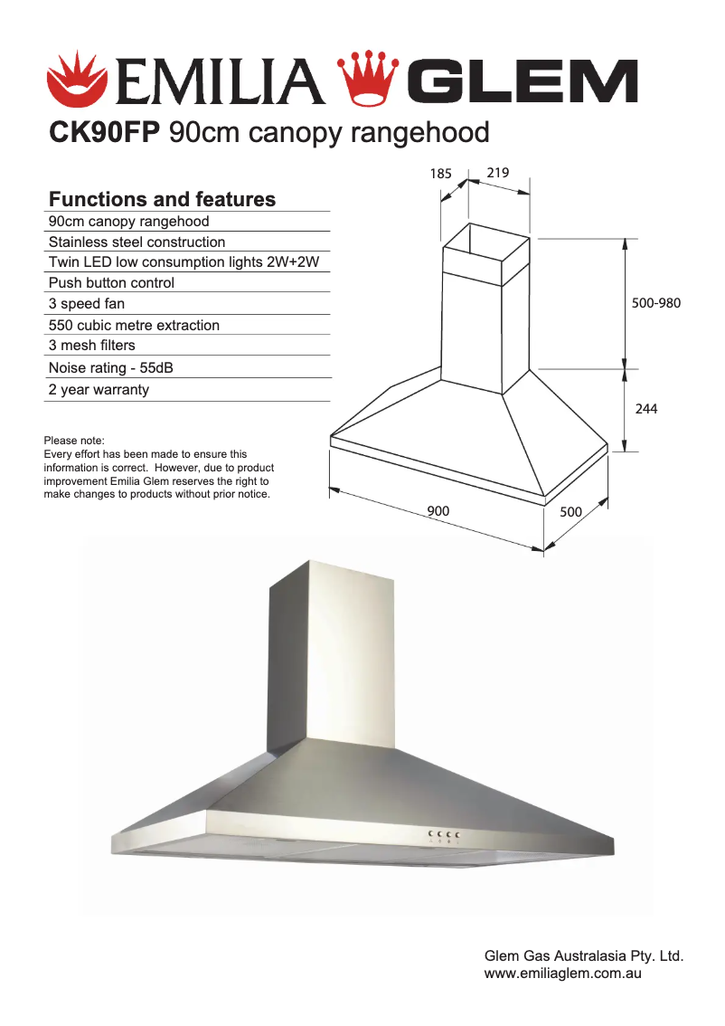 Page 1 de la notice Fiche technique Glem Gas CK90FP
