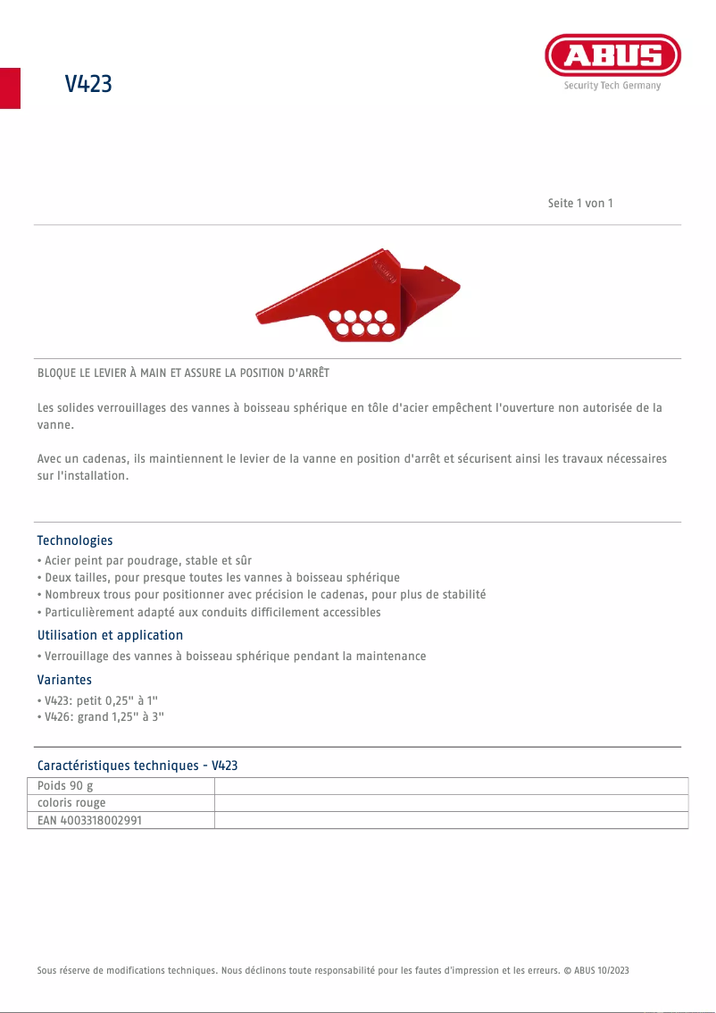 Página 1 del manual Ficha técnica Abus V426